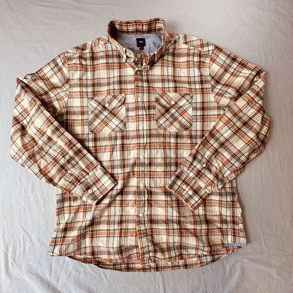 Gap Mens Red Blue Plaid Check Button Down Shirt Sz L Long Sleeve